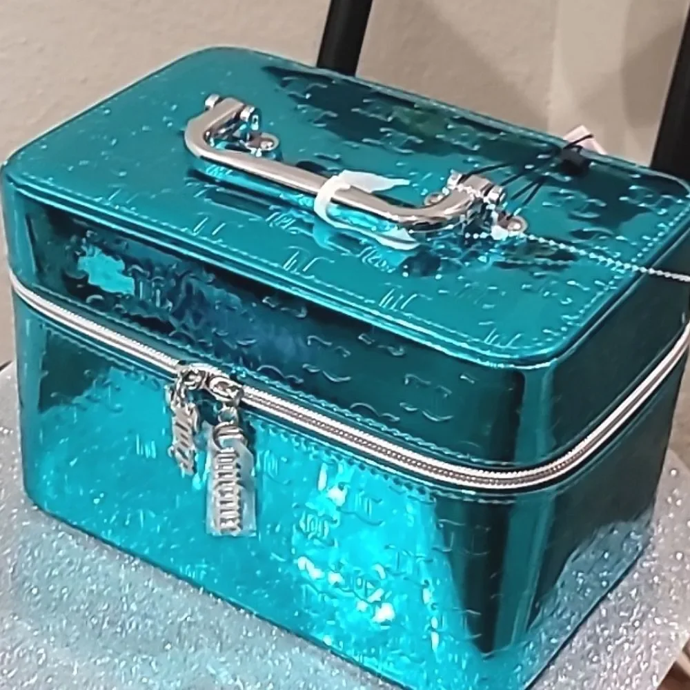 Juicy Couture JC‎ Logo Metallic Cosmetic Traincase w/Brush Holder- Aqua